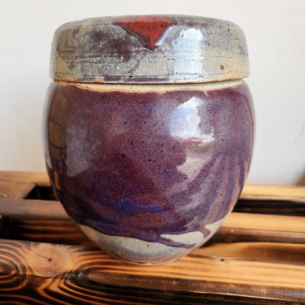 Hand Crafted Stoneware Art Studio Pottery Plum Jar with Lid Drip Glazed